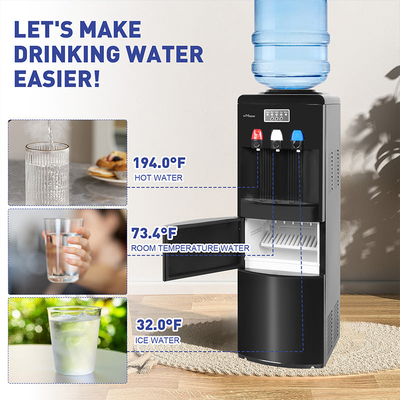 2 in 1 Water Cooler Dispenser w/ Built-in Ice Maker, Hot Cold Water Supply, 27LBS/24H Ice Maker for 3-5 Gallon Bottles | e-macht.com  