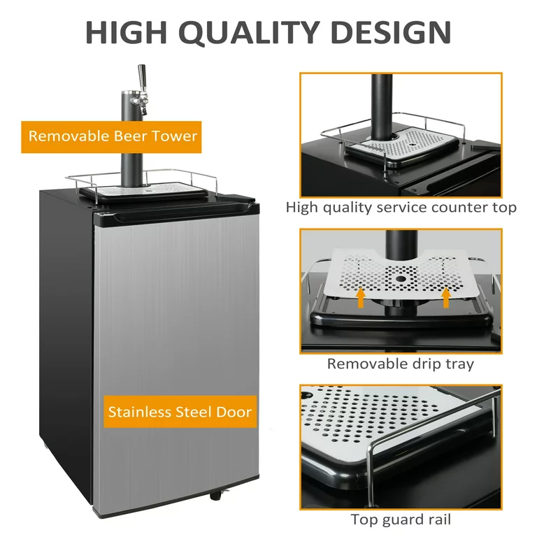 20 Inch Wide Single Tap Stainless Steel Kegerator, Keg Beer Cooler for Beer Dispensing with 4 Casters | e-macht.com