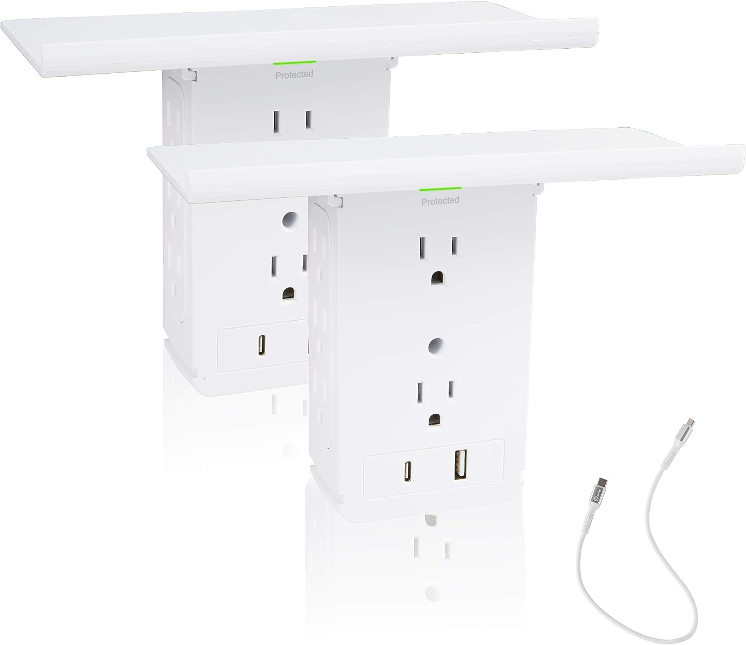 E-Macht Socket Shelf Outlet 2 Pack Surge Protector Extender Wall plug with USB A+C Ports(3.4A Total), 8 AC Outlets