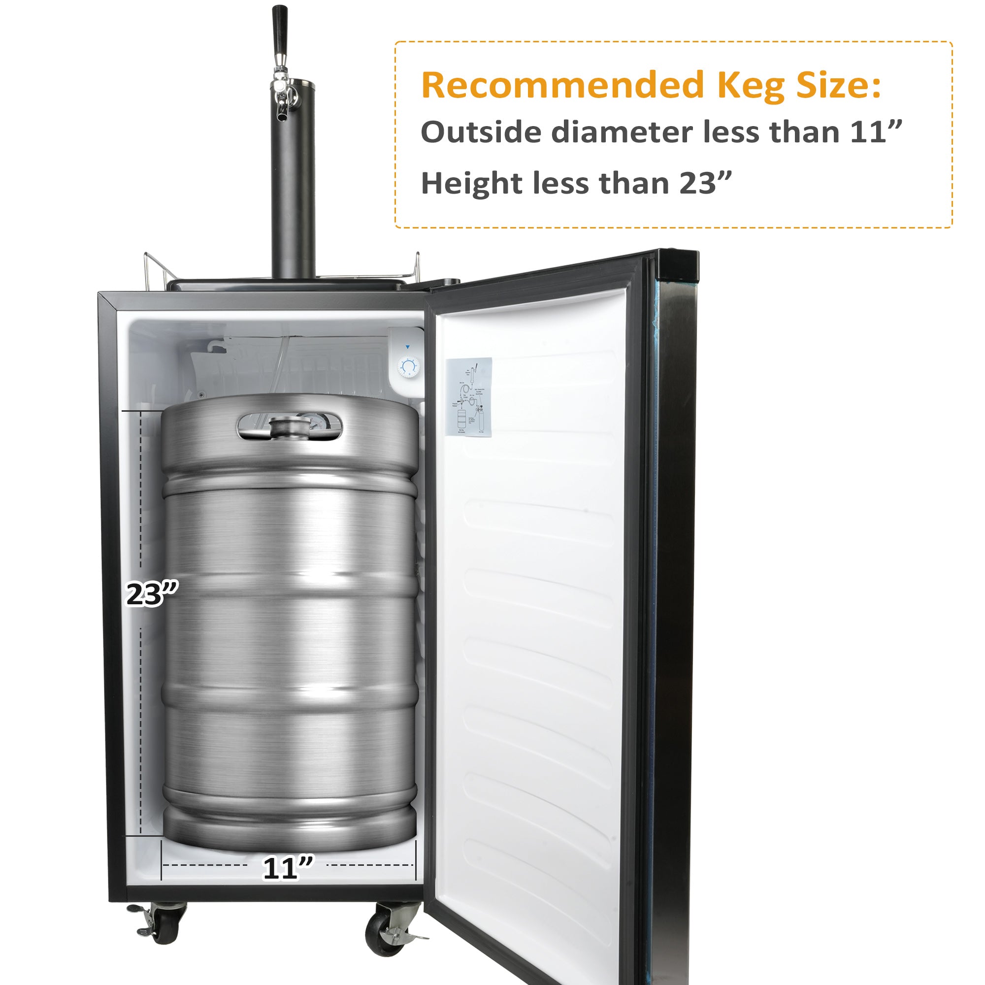 20 Inch Wide Single Tap Stainless Steel Kegerator, Keg Beer Cooler for Beer Dispensing with 4 Casters | e-macht.com