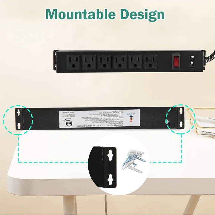 E-Macht Long Power Strip Surge Protector, 6 Outlets Metal Outlet, Wall Mountable, 6 ft Long Extension Cord, 2 Pack