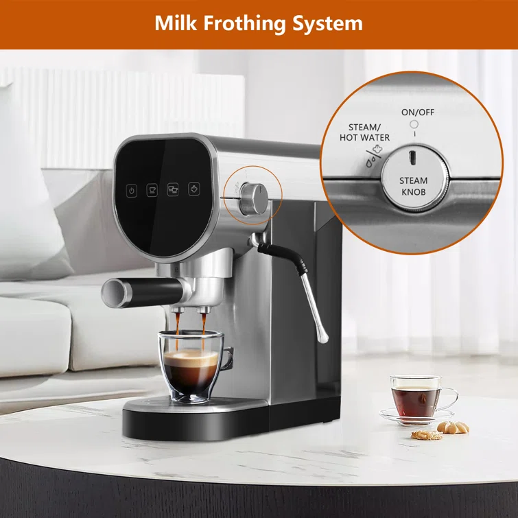 Manual Coffee Maker with Milk Frother Steam Wand, Compact Espresso Coffee Machine，Stainless Steel, 1250W