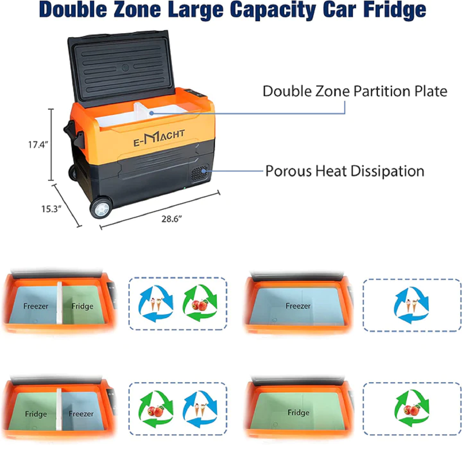 E-Macht Car Refrigerator Portable Dual-zone Freezer, 40L Capacity with LED Lights