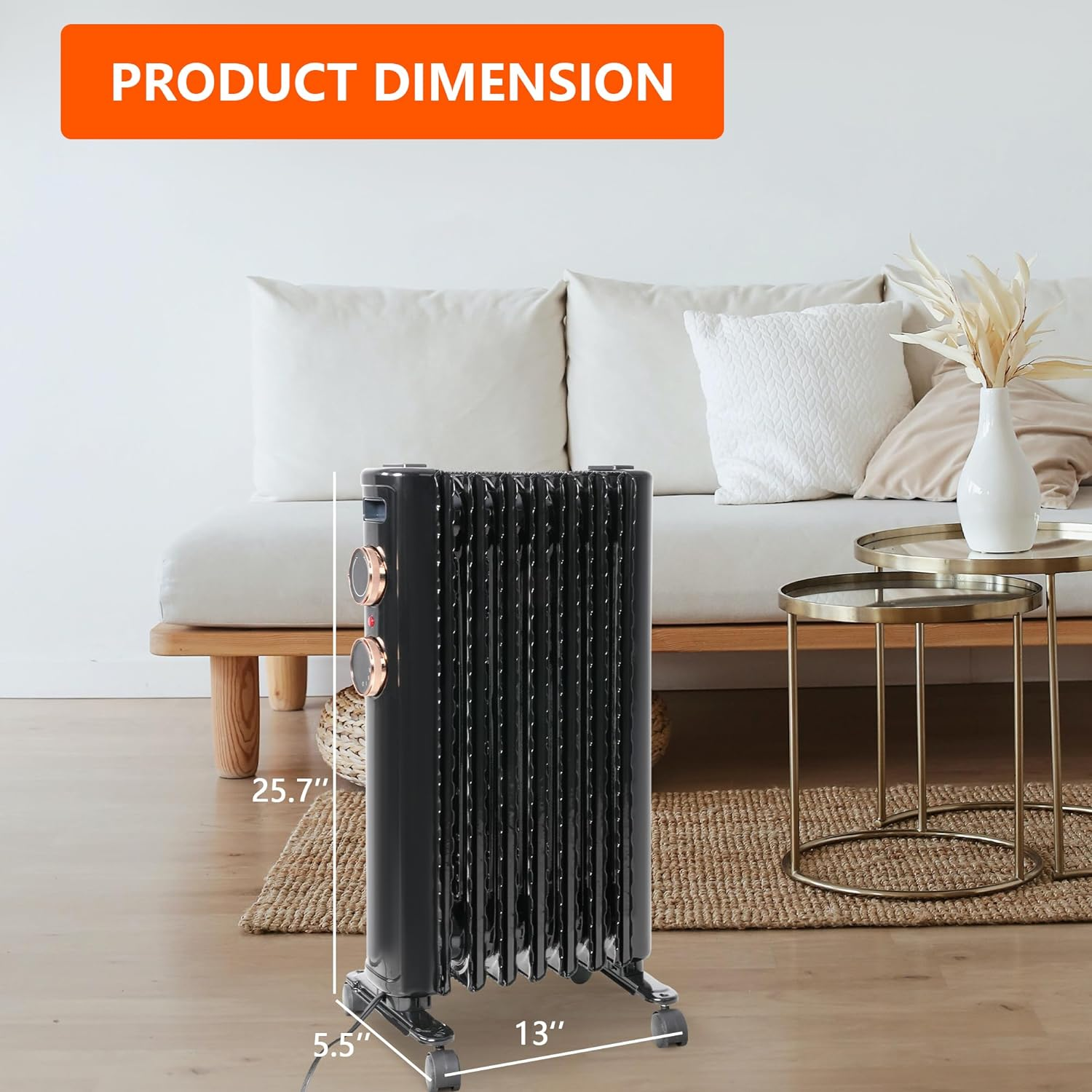 1500W Oil Filled Radiator Heater with Thermostat, Tip-over & Overheat Protection