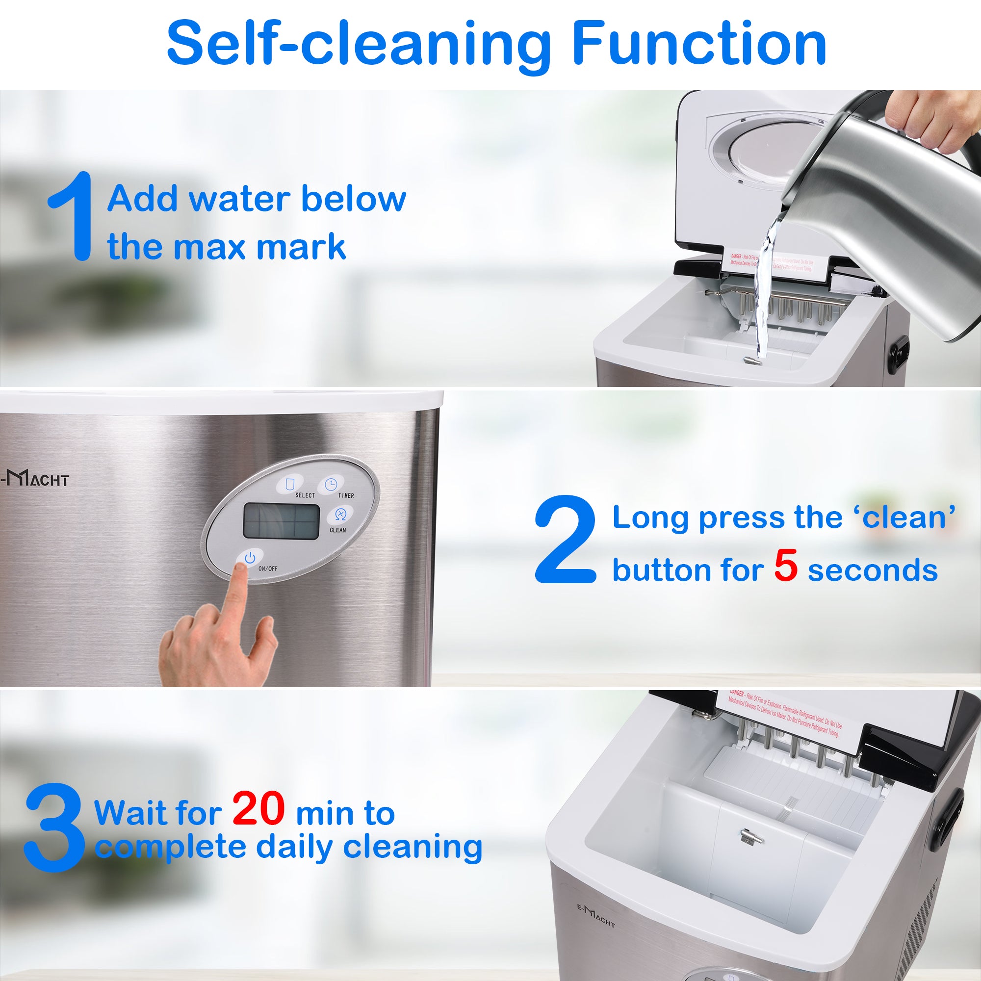 E-Macht Countertop Ice Maker, Self Cleaning, 48.5lbs/24H, Portable Ice Machine with Hand Scoop for Home Kitchen Party Camping