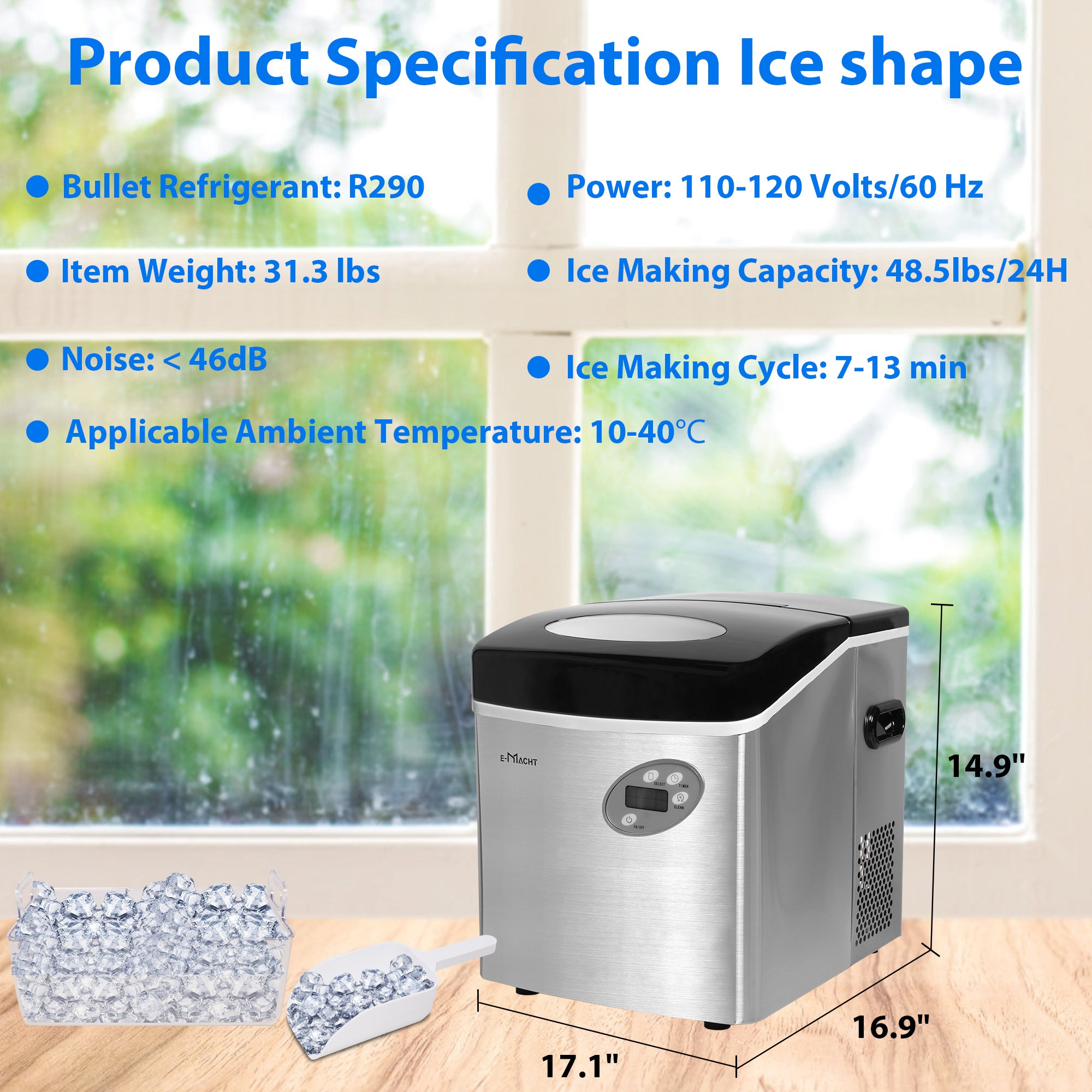 E-Macht Countertop Ice Maker, Self Cleaning, 48.5lbs/24H, Portable Ice Machine with Hand Scoop for Home Kitchen Party Camping | e-macht.com