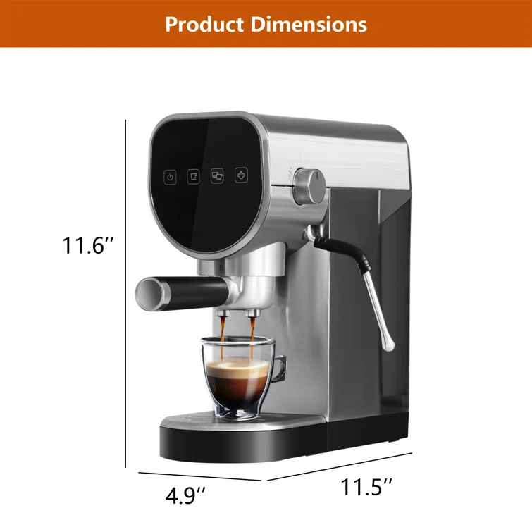 Manual Coffee Maker with Milk Frother Steam Wand, Compact Espresso Coffee Machine，Stainless Steel, 1250W