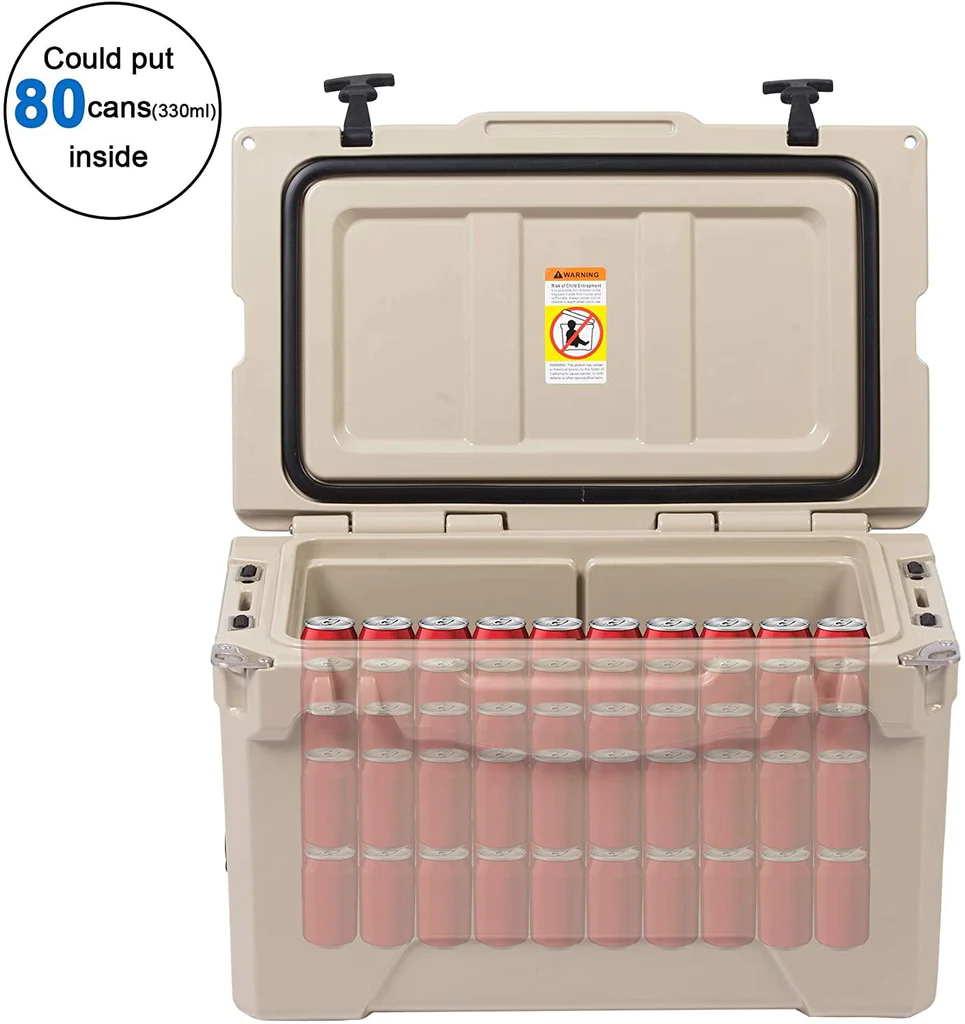 E-Macht Rotomolded Cooler, 50QT Tan Cooler with Built-in Cup Holder, Bottle Openers, and Fish Ruler