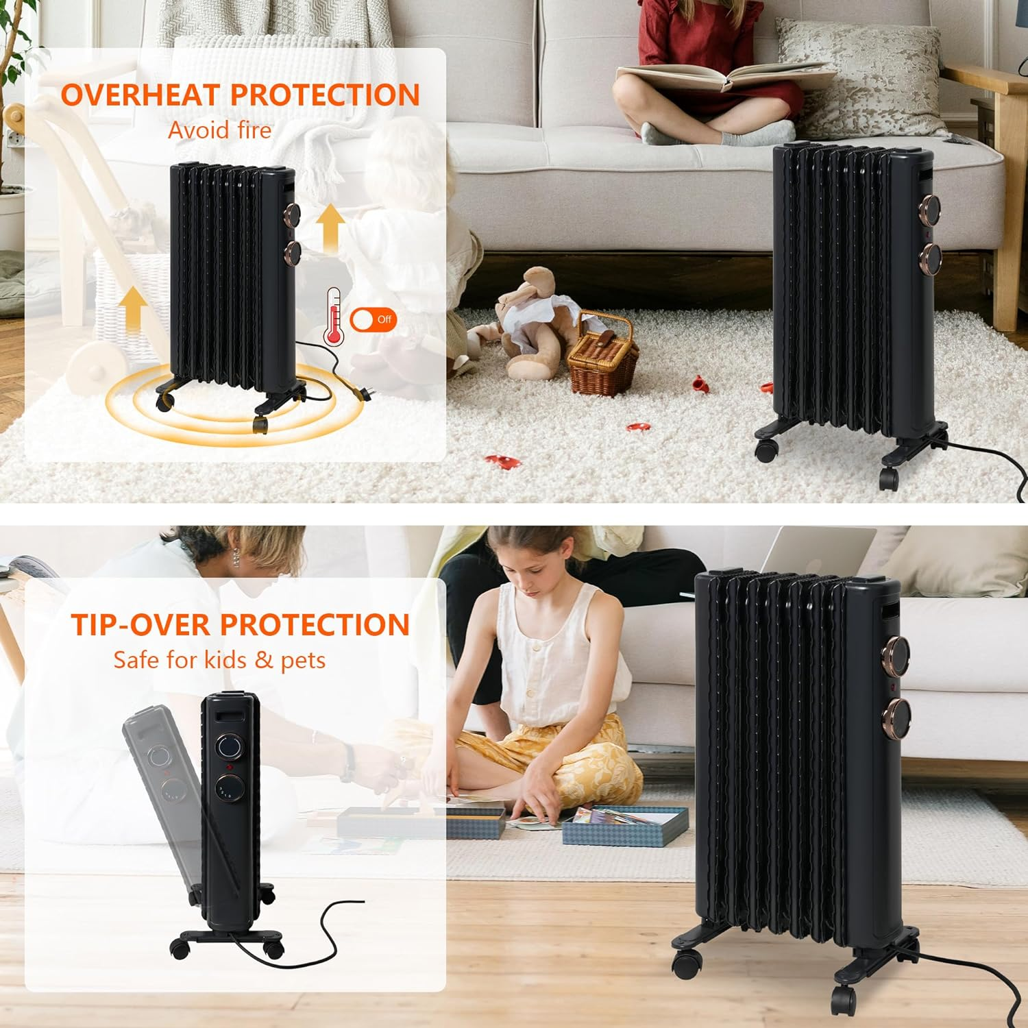 1500W Oil Filled Radiator Heater with Adjustable Thermostat, 3 Heating Modes| e-macht.com   