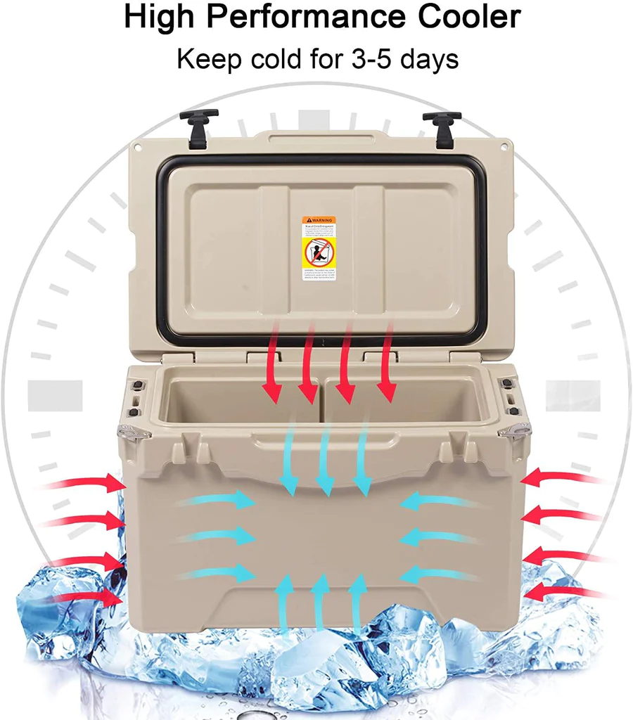 E-Macht Rotomolded Cooler, 50QT Tan Cooler with Built-in Cup Holder, Bottle Openers, and Fish Ruler