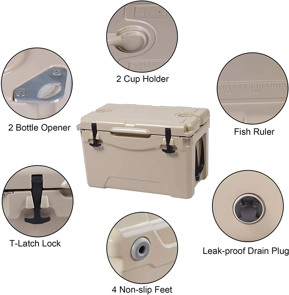 E-Macht Rotomolded Cooler, 50QT Tan Cooler with Built-in Cup Holder, Bottle Openers, and Fish Ruler