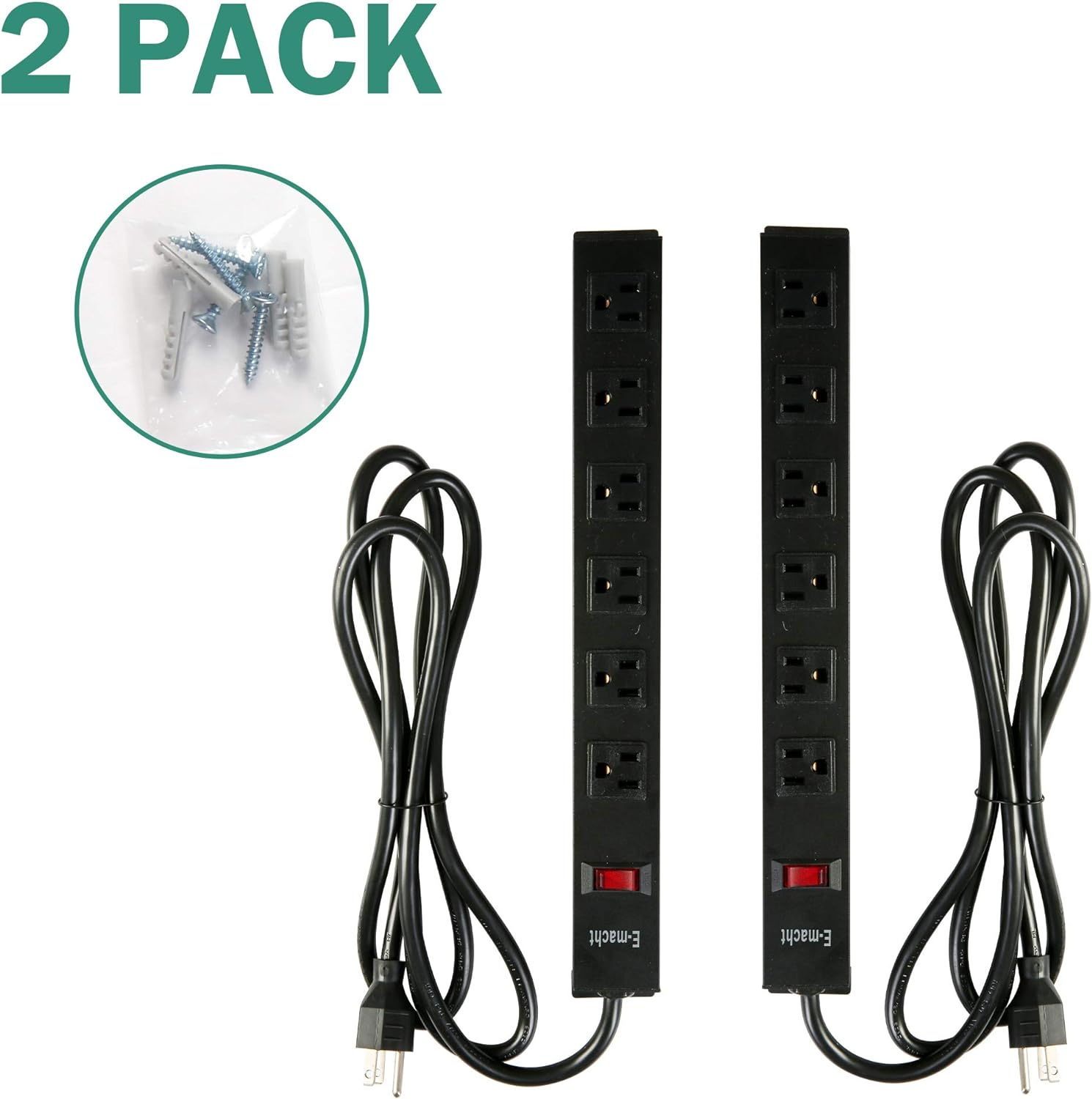 E-Macht 6 Outlet Heavy Duty Power Strip 2 Pack Metal Power Outlet