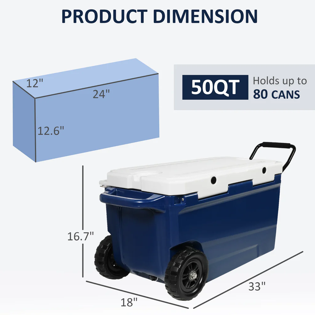 E-Macht 50 Qt Heavy Duty Hard Cooler with Wheels and Nylon Handle, Keep Ice for Up to 5-7 days | e-macht.com