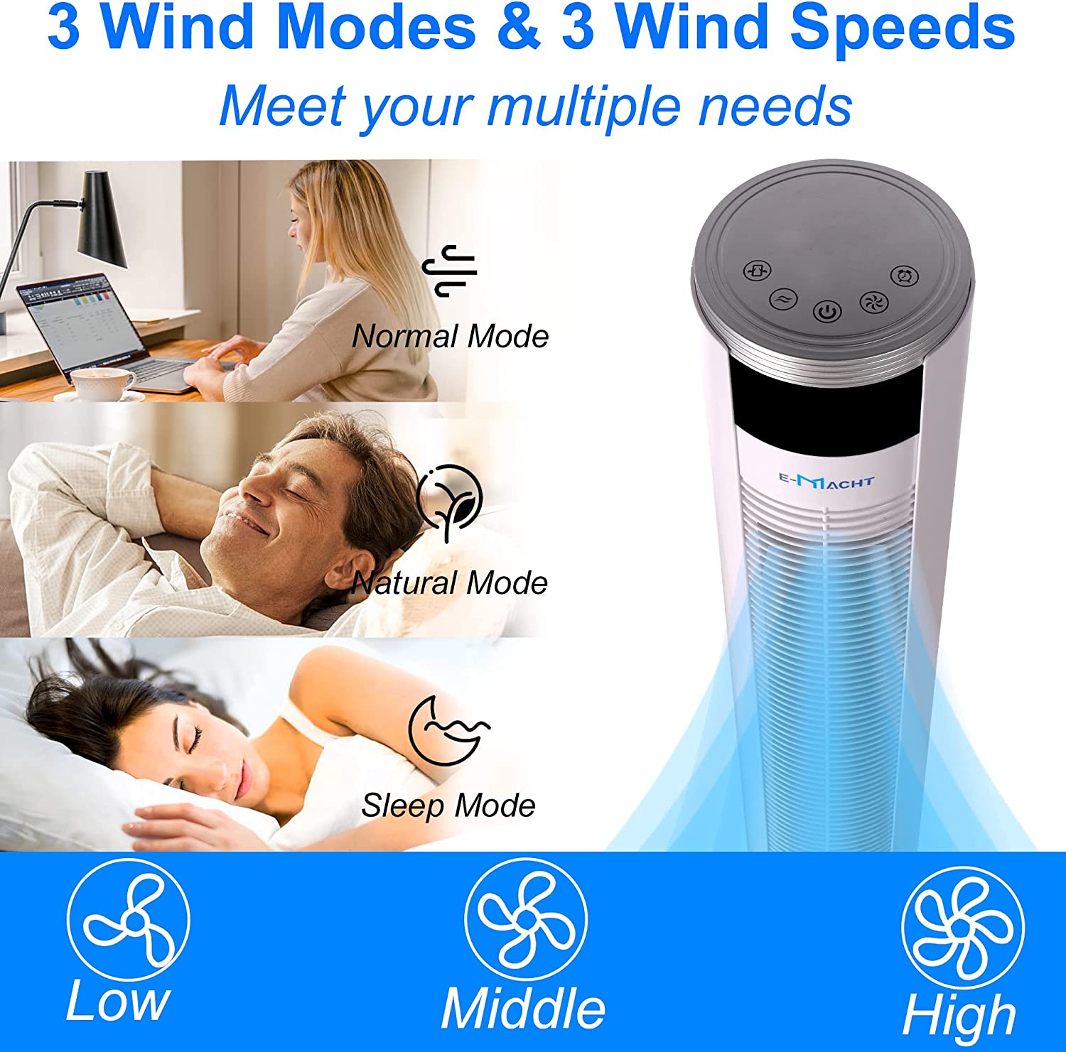 E-Macht 43" Electric Standing Bladeless Tower Fan with Remote, 3 Speed Setting & Auto-off Timer | e-macht.com