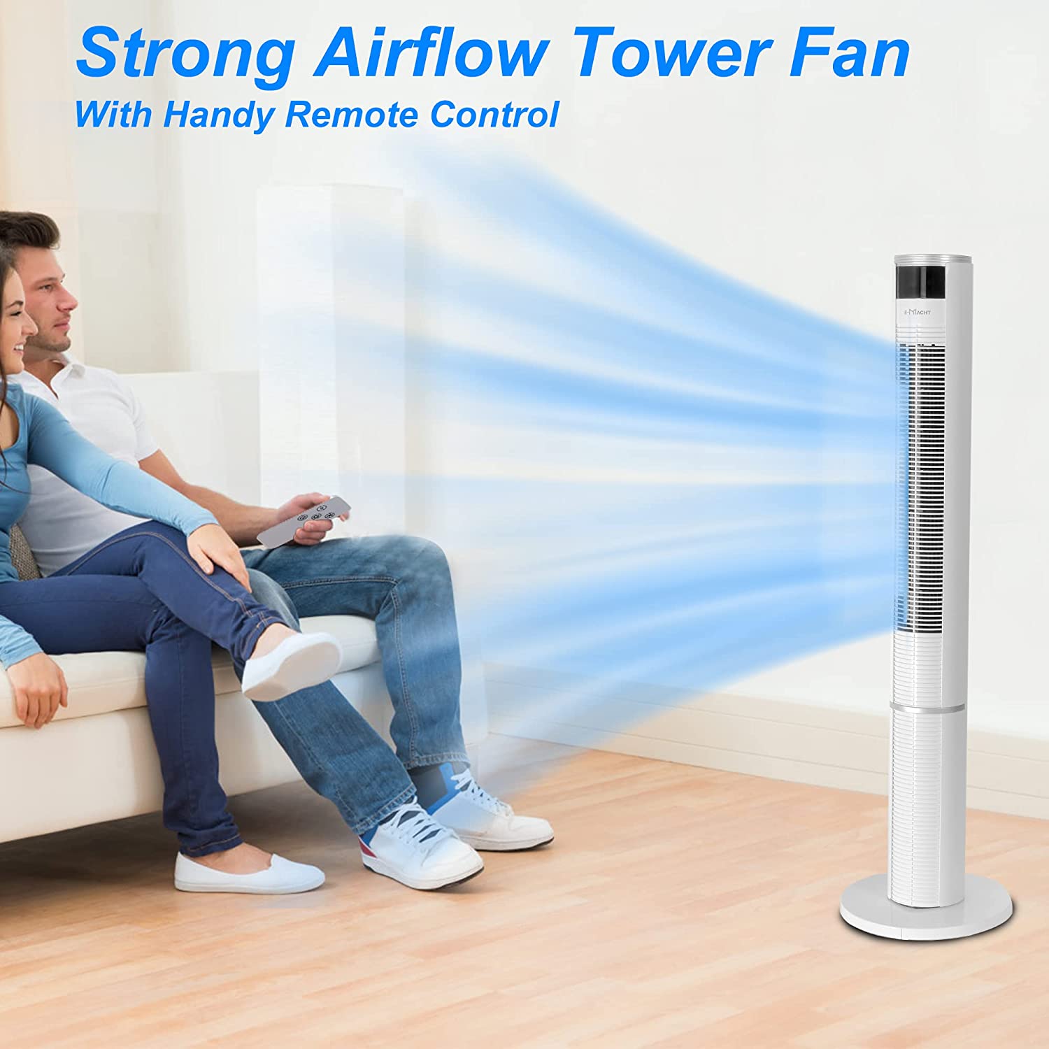 E-Macht 43" Electric Standing Bladeless Tower Fan with Remote, 3 Speed Setting & Auto-off Timer | e-macht.com