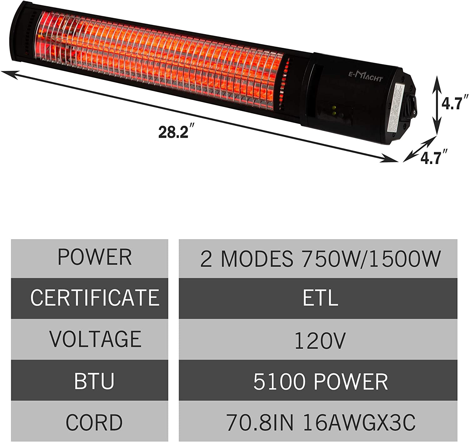 E-Macht 750W/1500W Wall Mounted Electric Patio Heater with Remote Control for Garage Ceiling Porch Home Backyard